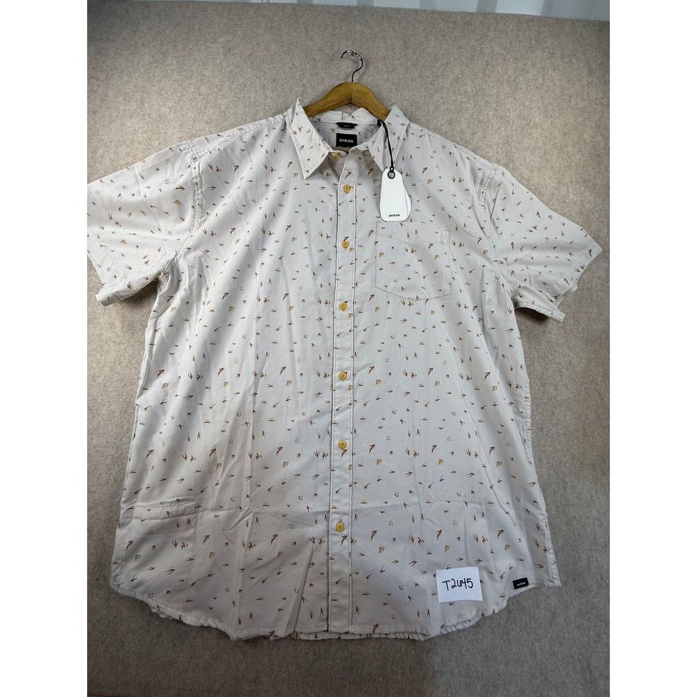 NWT Prana Mens XXL Slim Fit Short Sleeve Button Down Shirt Abstract Print Gray